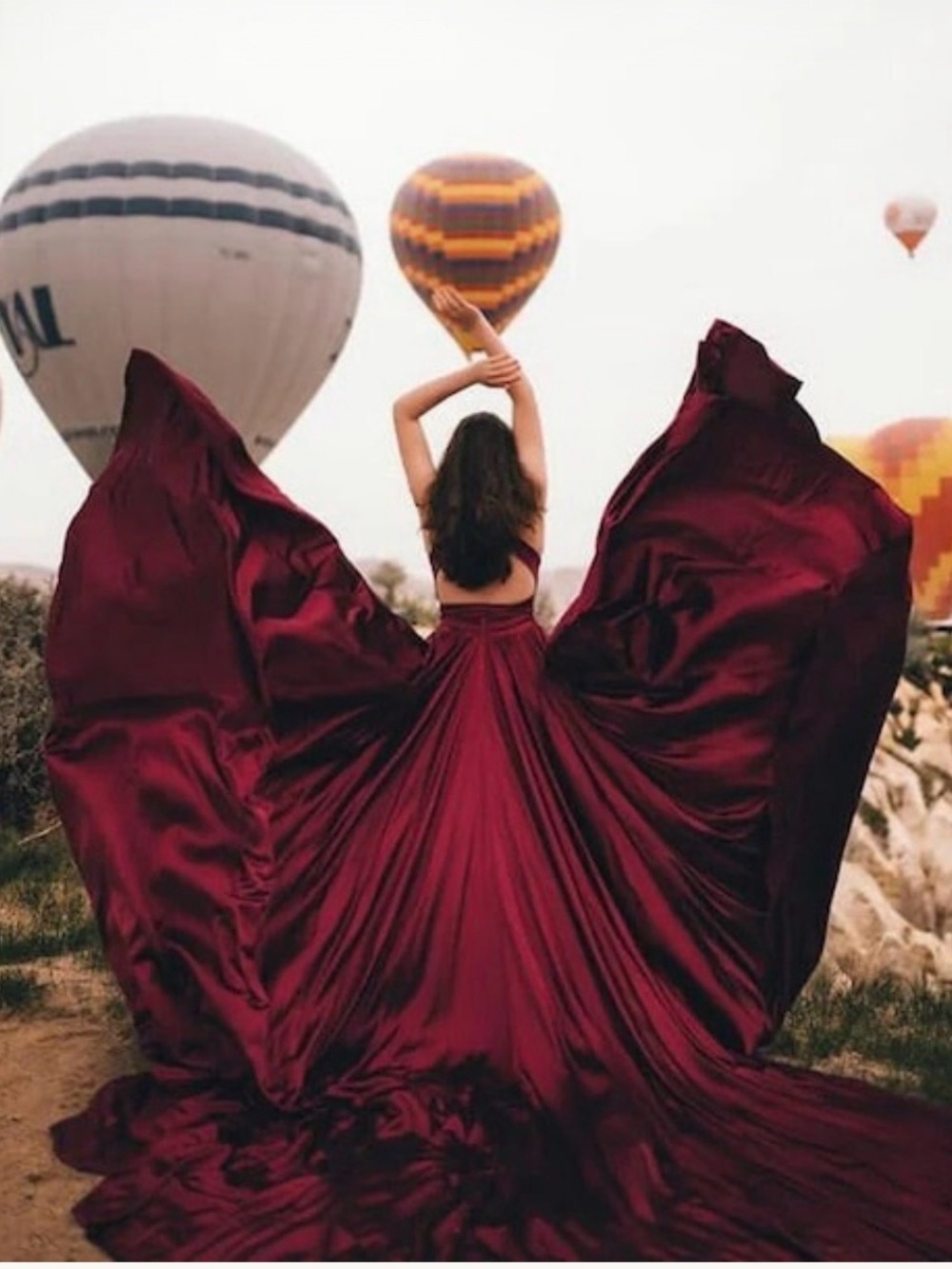 Elegant “Flying” Adjustable Burgundy Satin Photo shoot Dress